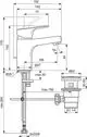 Waschtischarmatur von Ideal Standard mit Auslauf und Ablaufsortiment, dargestellt in seitlicher Ansicht mit technischen Maßen und Details.